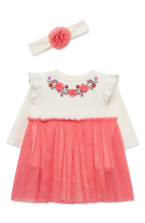 Little Me Babies'  3d Garland Long Sleeve Tulle Dress & Headband Set In Pink