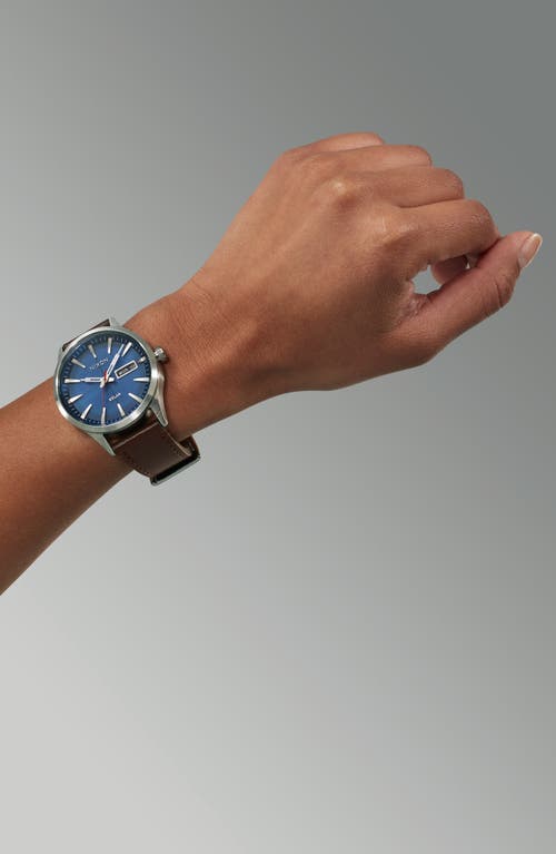 Nixon Sentry Solar Leather Strap Watch, 40mm In Navy Sunray/silver