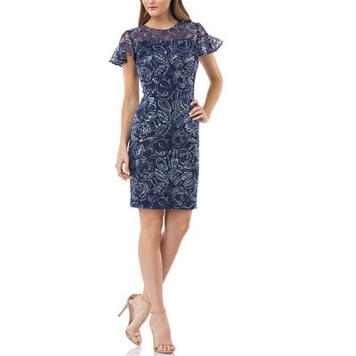 Carmen Marc Valvo Infusion Sequin Embroidered Cocktail Dress, Blue