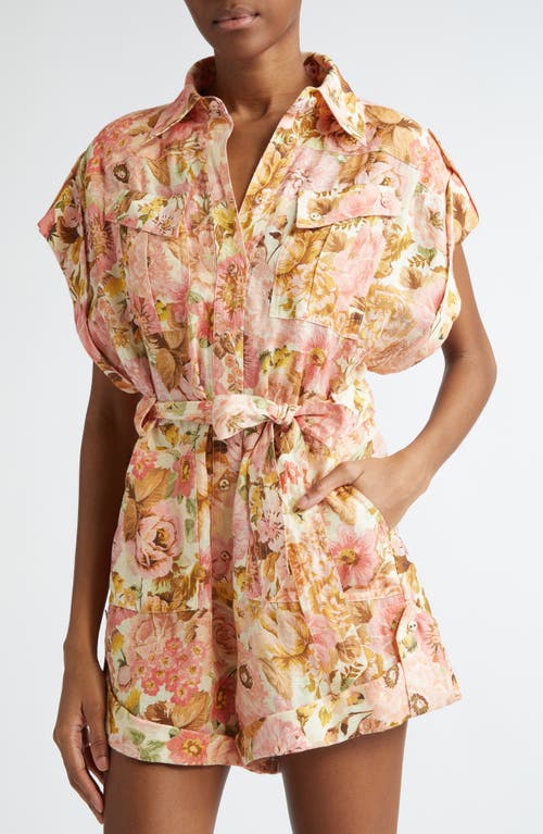 Shop Zimmermann Golden Floral Print Belted Linen Romper In Pink Rose