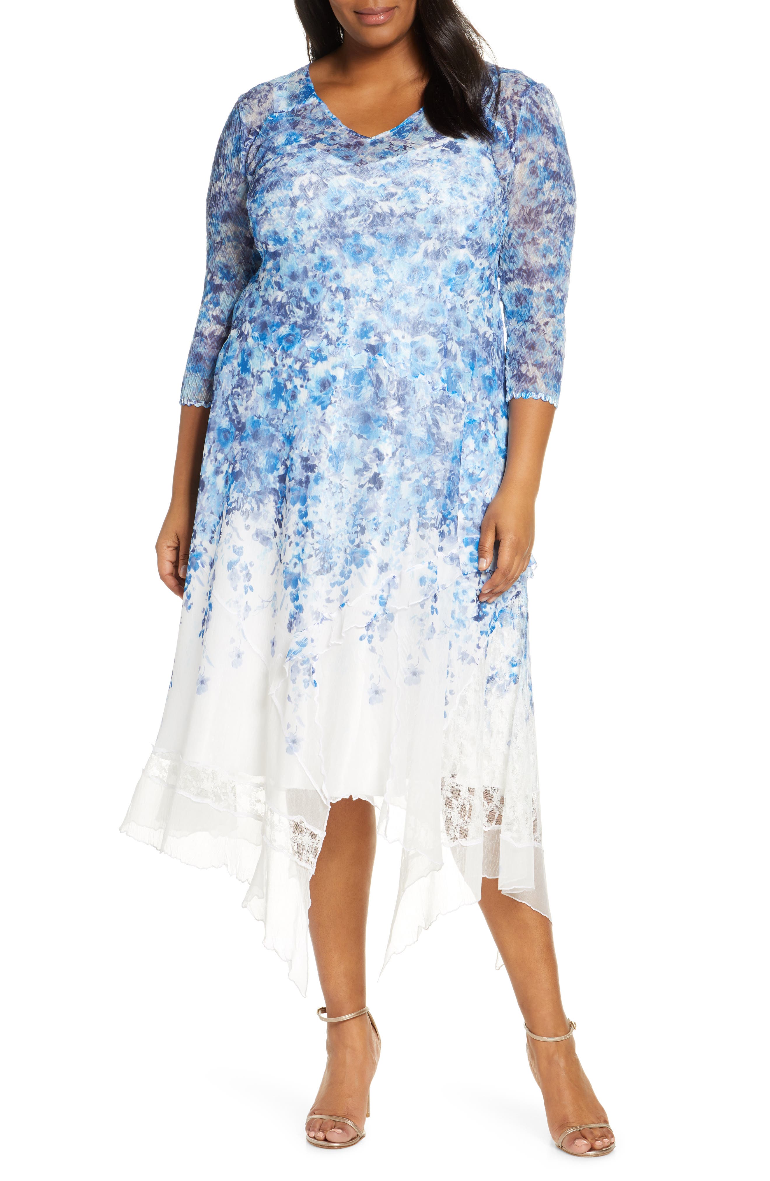 Plus Size Komarov Watercolor Print Chiffon Handkerchief Hem Dress, Blue