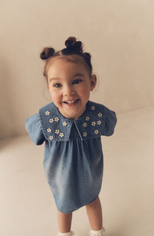 Shop Next Kids' Daisy Embroidered Long Sleeve Denim Dress In Blue