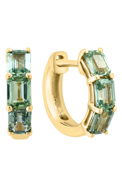 14K Yellow Gold & Green Sapphire Hoop Earrings