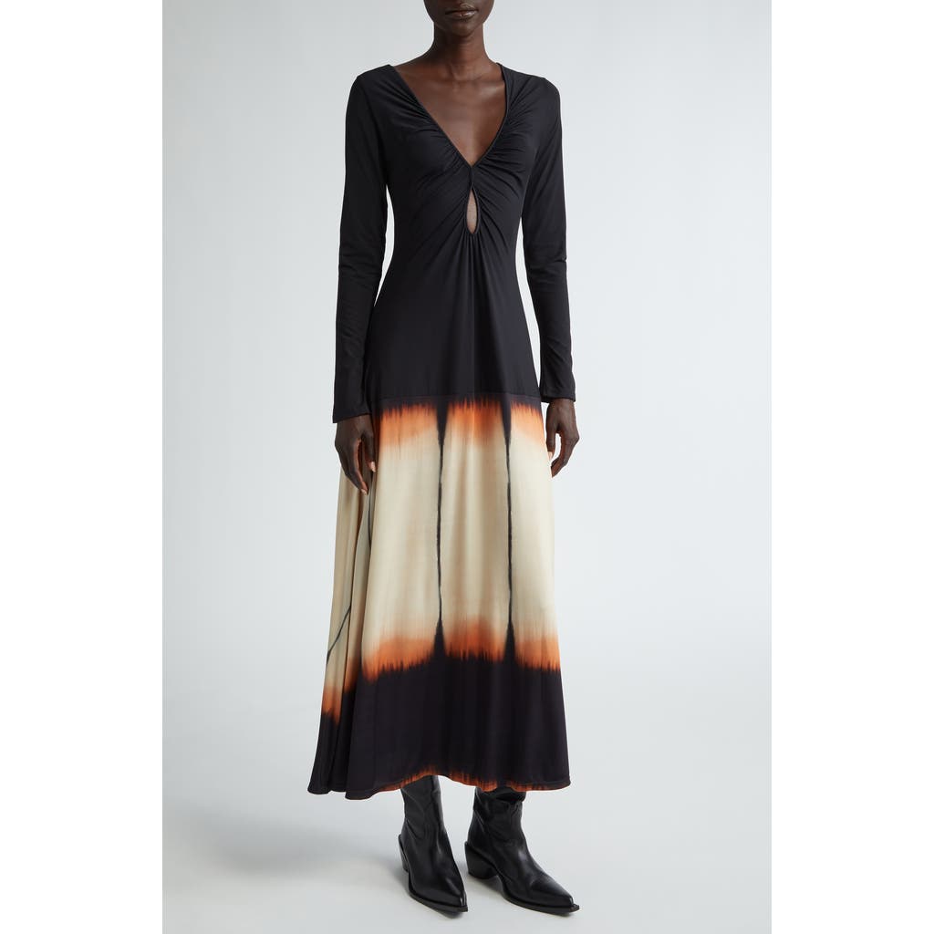Shop Johanna Ortiz Dibujo Simbolico Long Sleeve Stretch Satin Dress In Stripe Dyes/black/sand