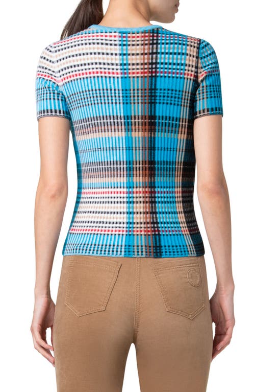 Shop Akris Punto Tartan Short Sleeve Wool Rib Sweater In Multicolor