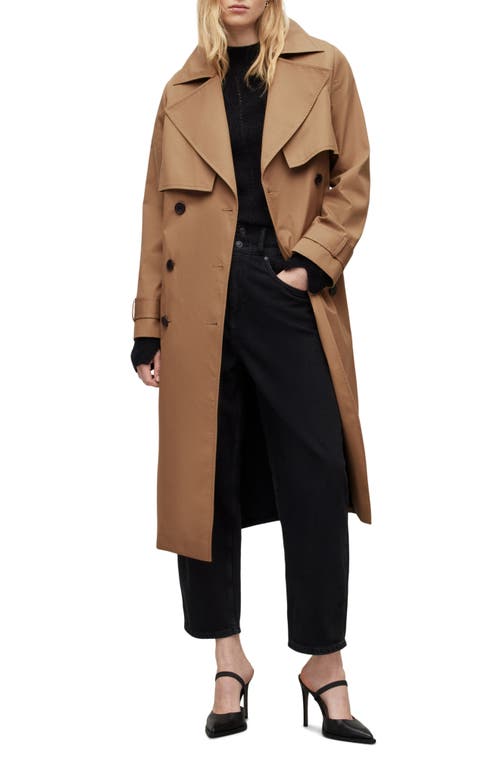 AllSaints Mixie Tie Waist Double Breasted Trench Coat in Camel/Black