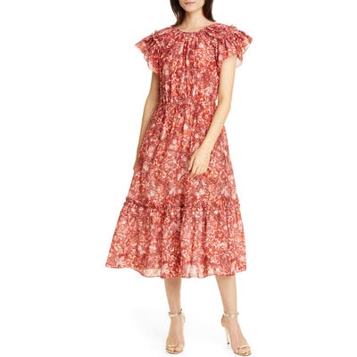 Ulla Johnson Arlene Ruffle Tiered Midi Dress, Orange