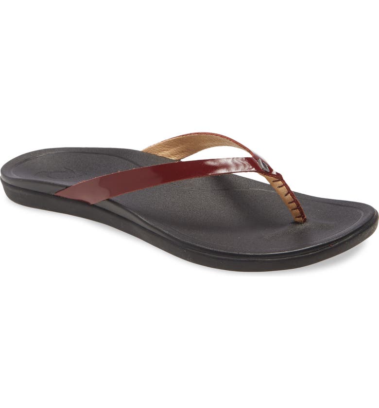 OLUKAI 'Ho Opio' Leather Flip Flop, Main, color, RED GINGER PATENT LEATHER