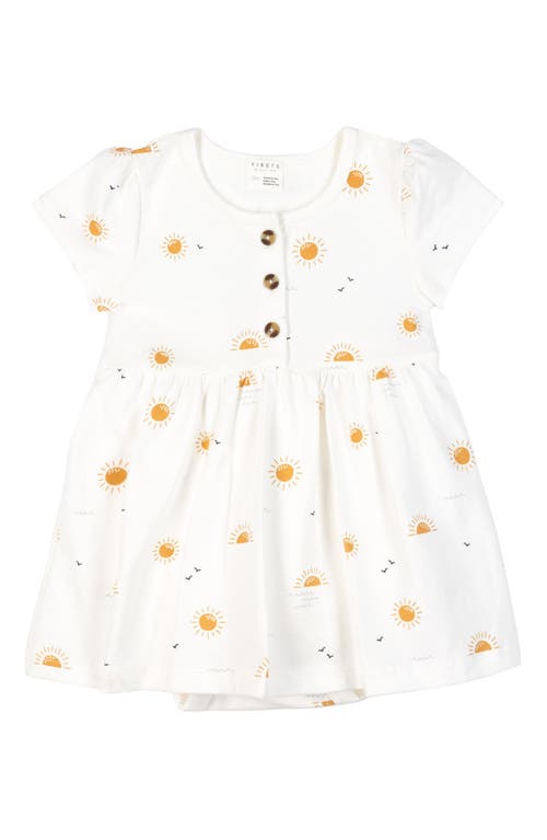 FIRSTS by Petit Lem Sun Print Stretch Organic Cotton Skirted Henley Bodysuit in 101 Off White