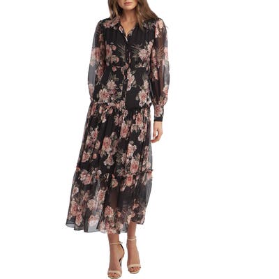 Bardot Floral Print Long Sleeve Chiffon Dress, Blue