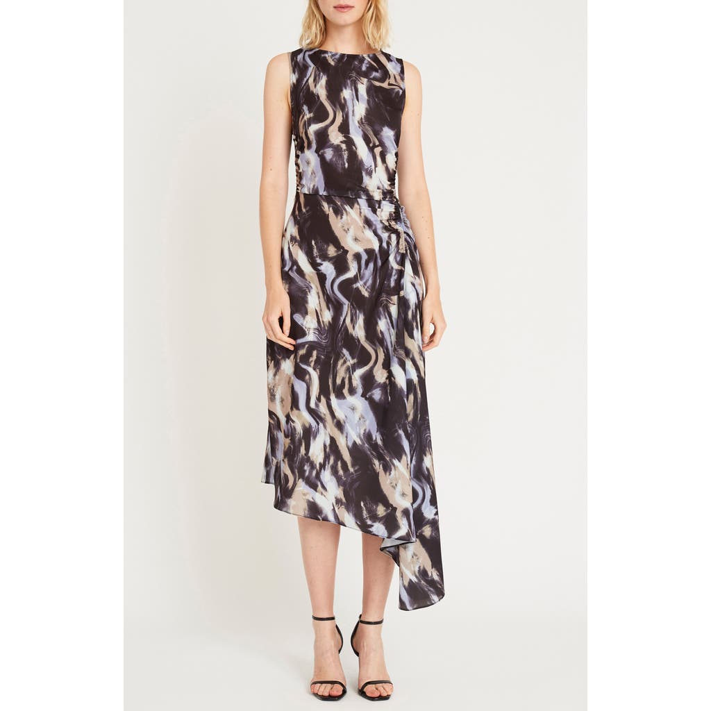 Luxely Sylan Print Sleeveless Asymmetric Midi Dress In Charcoal/wisteria