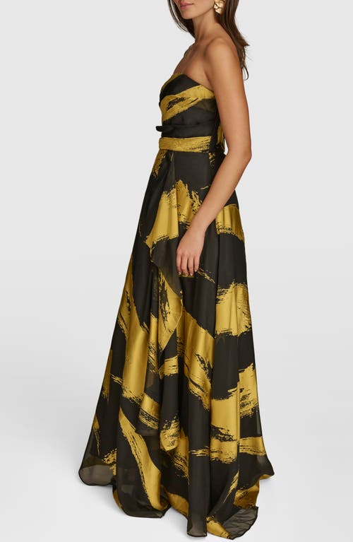 Shop Donna Karan New York Metallic Brushstroke Print Strapless Gown In Black/gold