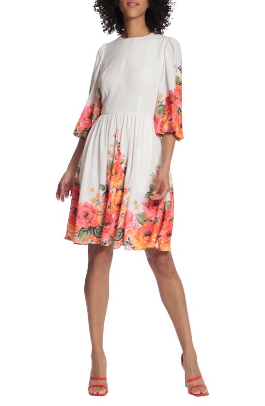 maggy london fit and flare dress Maggy London Crew Neck pleated Banded Waist Elastic Cuffed 3/4 Sleeve Multi  print Zipper Back Fit & Flare Crepe Dress