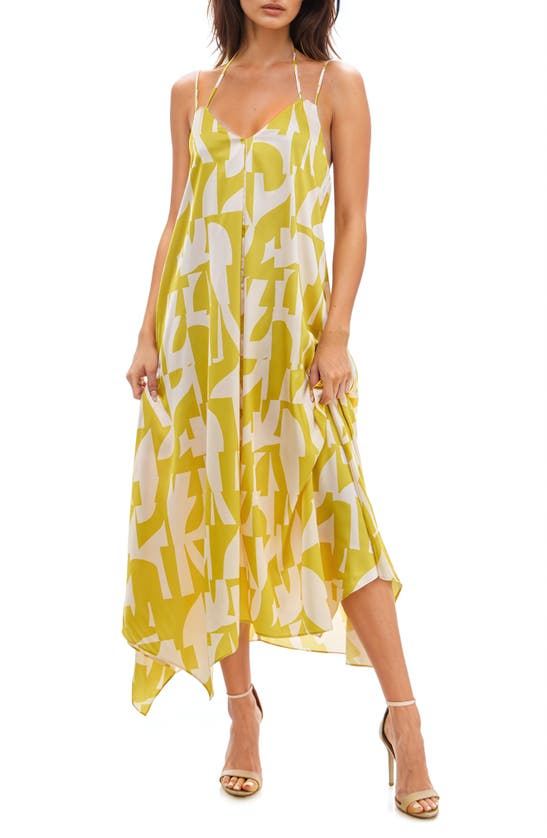 Shop Socialite Geo Print Handkerchief Hem Midi Dress In Chartreuse/ Ivory