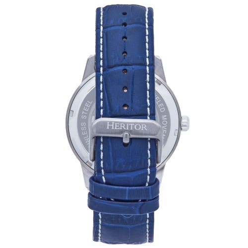 Heritor Automatic Davies Semi-skeleton Leather Band Watch In Silver/navy
