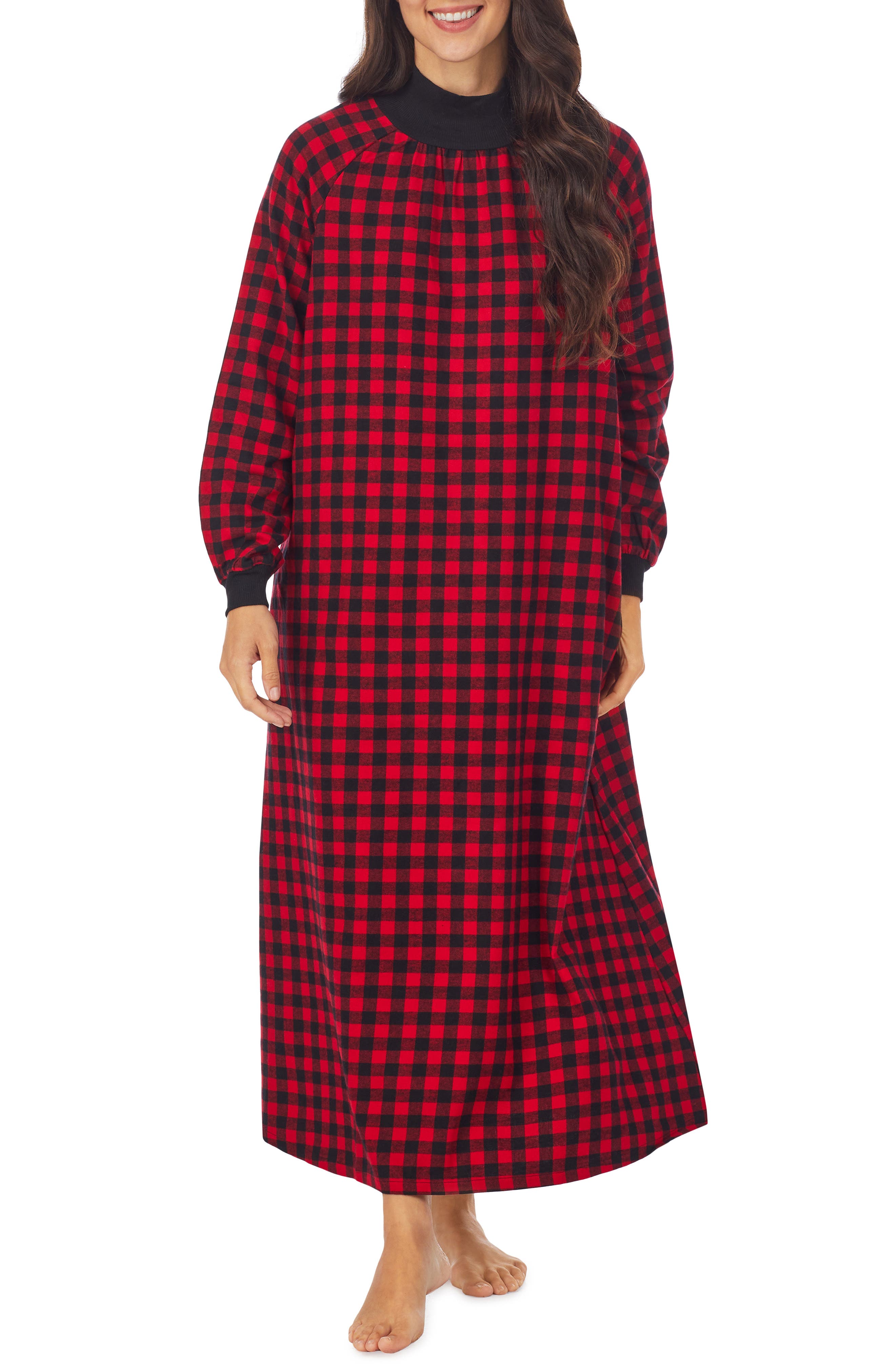 Lanz of Salzburg Mock Neck Long Sleeve Flannel Nightgown in Red /Black