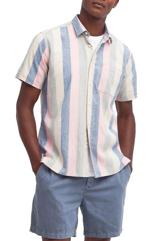 Shop Barbour Portwell Summer Fit Stripe Short Sleeve Linen & Cotton Button-up Shirt In Olive