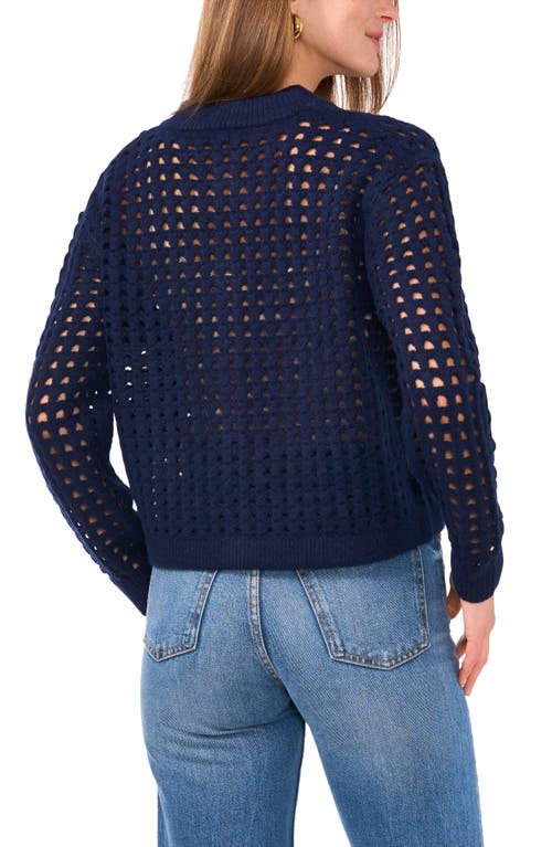 Shop Vince Camuto Pointelle Crewneck Cardigan In Classic Navy