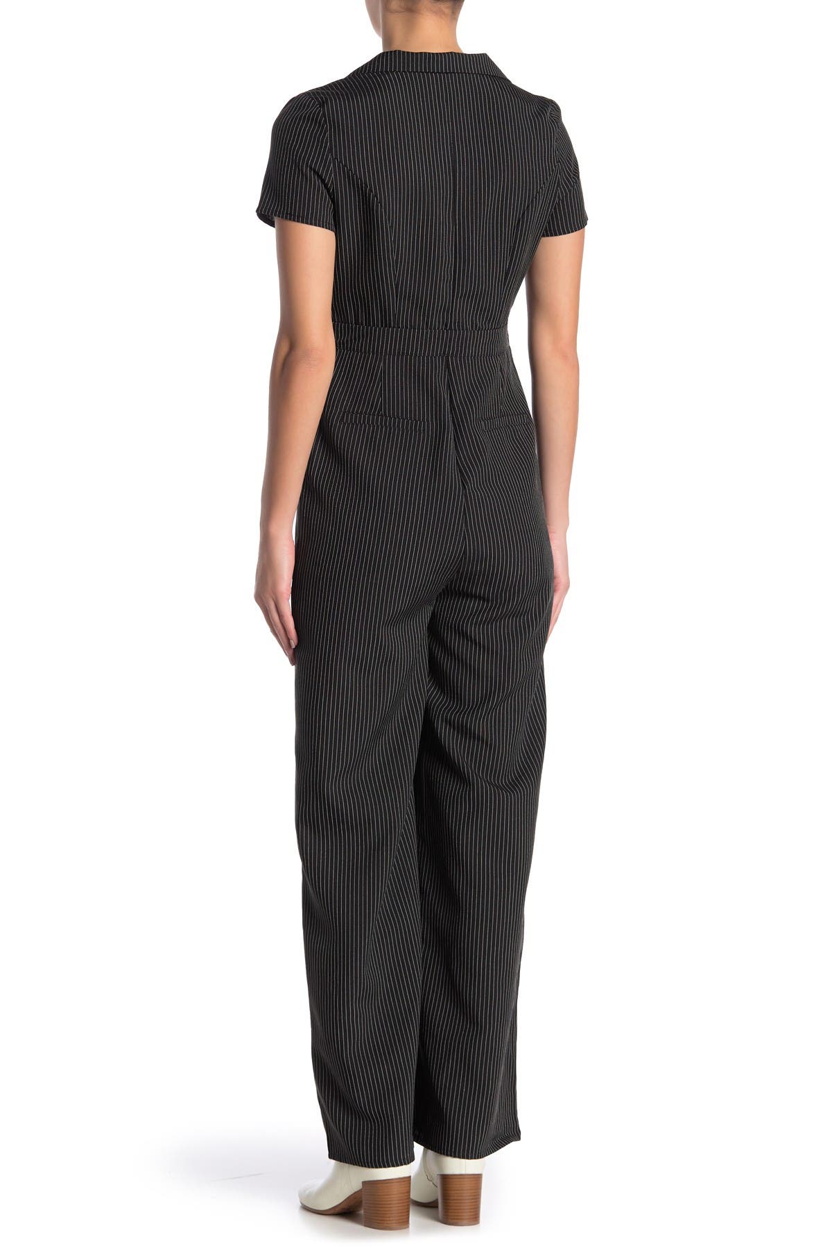wild honey pinstripe flared dungaree jumpsuit