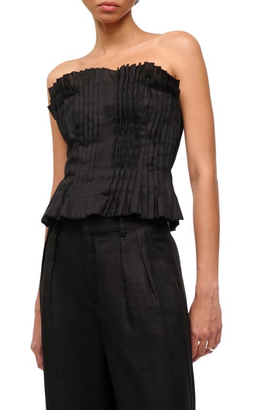 Shop Staud Parma Pleated Strapless Linen Top In Black