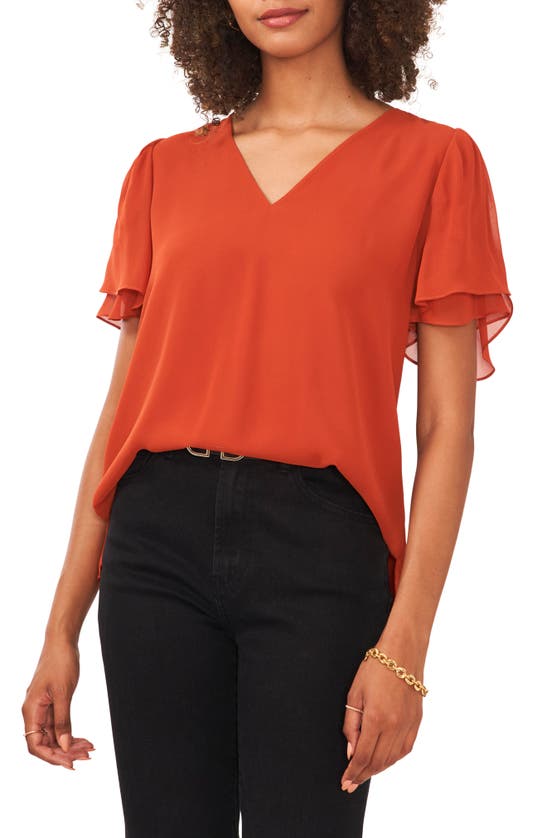Vince Camuto V-neck Tulip Sleeve Chiffon Top In Rustic Orange