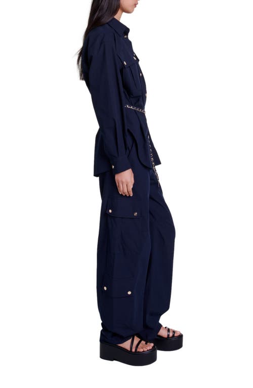 Shop Maje Belted Long Shirt In Navy