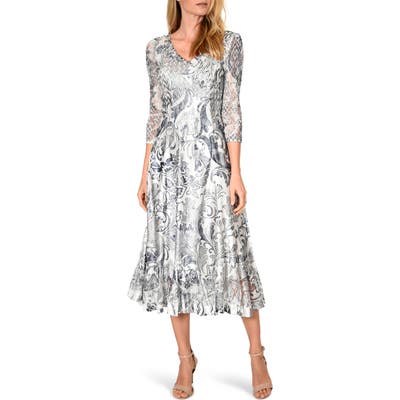 Komarov Lace Sleeve Charmeuse Midi Dress, Grey
