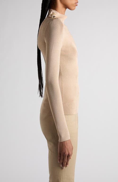 Tom Ford Button Shoulder Rib Turtleneck Top In Soft Beige