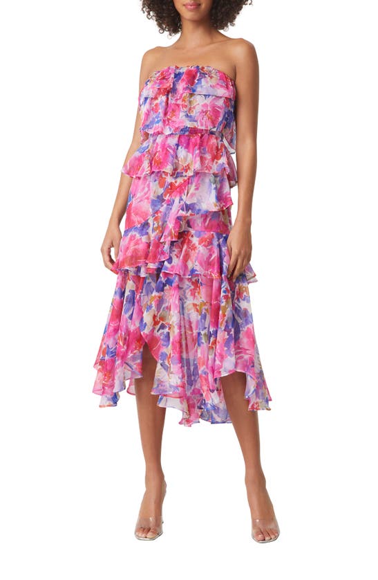 MISA LUCIANA FLORAL STRAPLESS TIERED DRESS