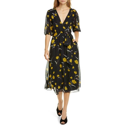 Joie Ervina Floral Wrap Front Silk Dress, Black