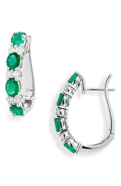 Alternating Emerald & Diamond Hoop Earrings in White Gold/Emerald/Diamond