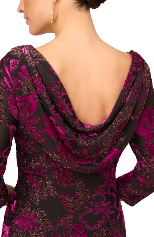 ADRIANNA PAPELL ADRIANNA PAPELL FLORAL METALLIC DRAPE BACK THREE-QUARTER SLEEVE MIDI BURNOUT VELVET SHEATH DRESS