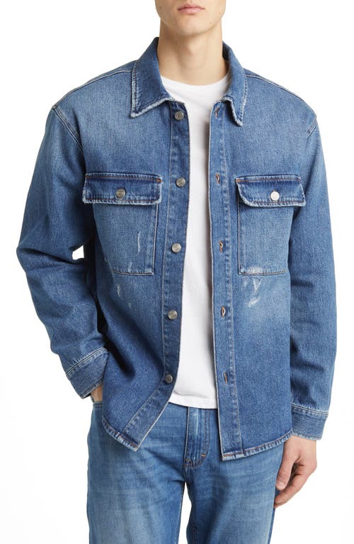 Roger 1871 Distressed Stretch Denim Overshirt in Mid Blue