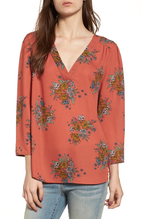 Hinge Print V-Neck Top in Coral Floral Bunches