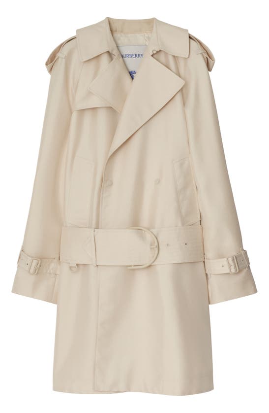 Shop Burberry Double Breasted Drop Waist Belted Silk Blend Trench Coat In Grain