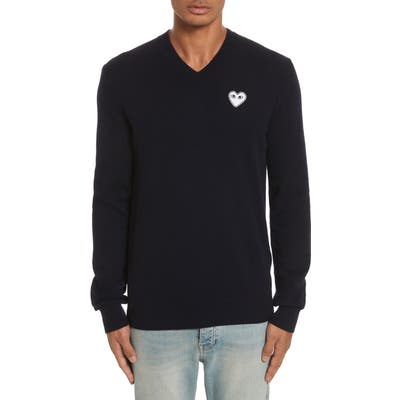 Comme Des Garcons Play White Heart Wool V-Neck Sweater