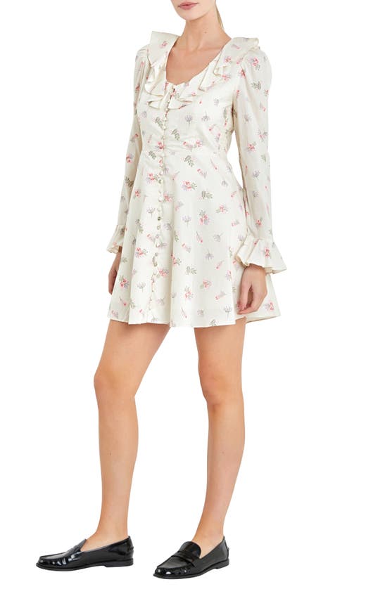 Shop English Factory Floral Ruffle Button Front Long Sleeve Minidress In Ivory