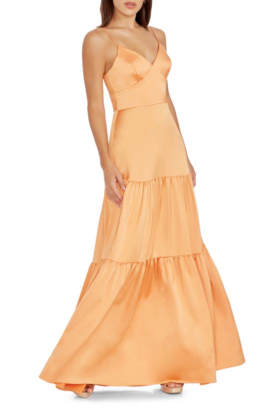 Shop Dress The Population Tess Tiered Satin Gown In Apricot