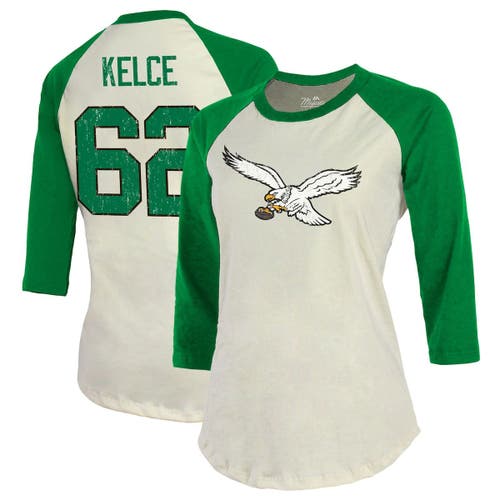 Women's Majestic Threads Jason Kelce Cream/Kelly Green Philadelphia Eagles Alternate Player Name & Number Raglan 3/4-Sleeve T-Shirt
