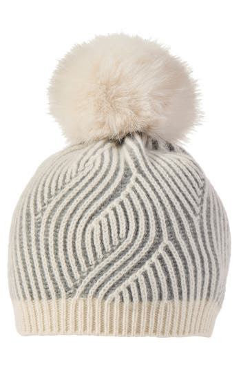Sofia Cashmere Faux Fur Pompom Plaited Rib Cashmere Knit Beanie In Grey/ivory