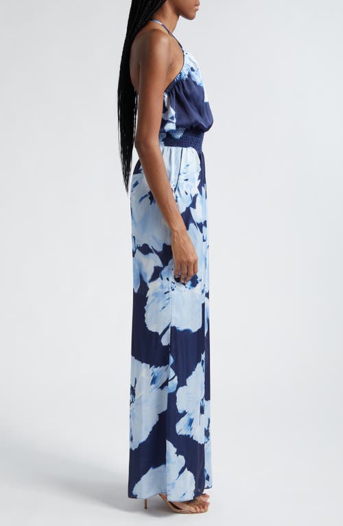 Ramy Brook Mindy Watercolor Bloom Strapless Wide-leg Jumpsuit In Spring Navy Watercolor