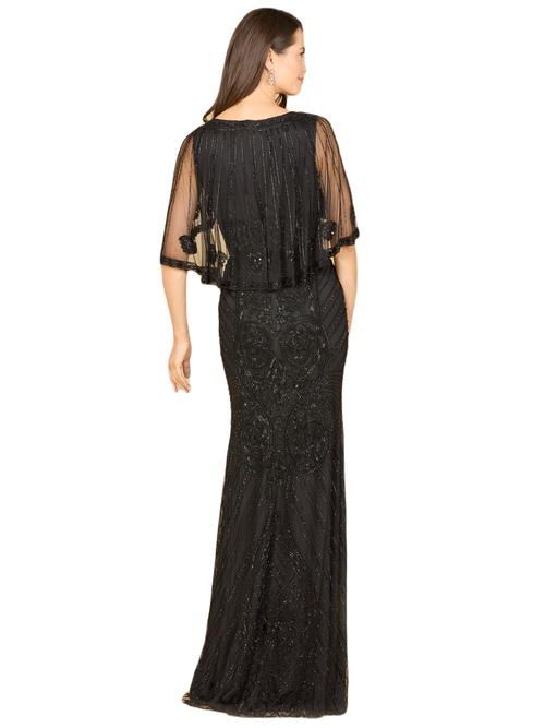 Lara New York Cape Sleeve V-neck Beaded Gown In Black