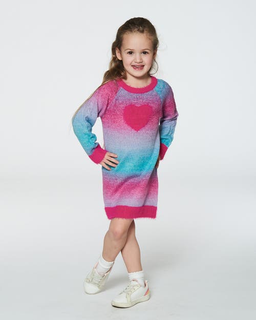 Shop Deux Par Deux Girl's Knit Dress With Heart Gradient Candy Pink And Blue In Mulicolor Stripe