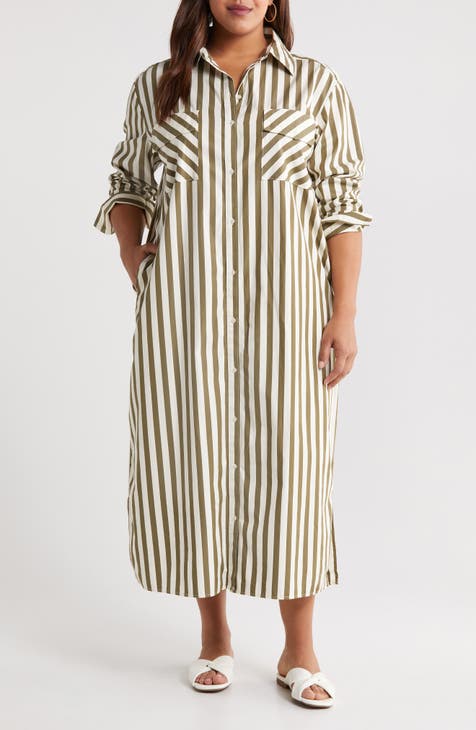 Stripe Long Sleeve Shirtdress (Plus)