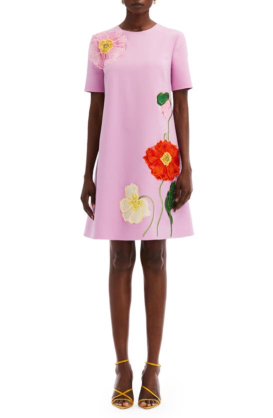 Shop Oscar De La Renta Embroidered Poppy Virgin Wool Blend Shift Dress In Lupine