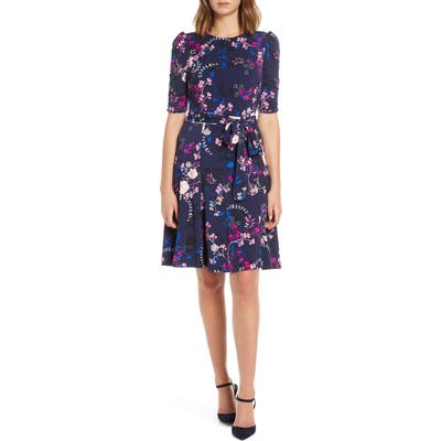 Petite Eliza J Floral Print Ruched Sleeve Fit & Flare Dress, Blue