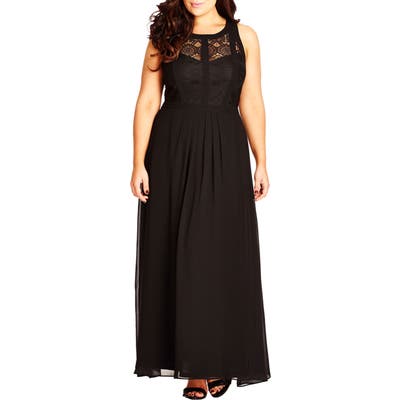 Plus Size City Chic Paneled Lace Bodice Gown, Black