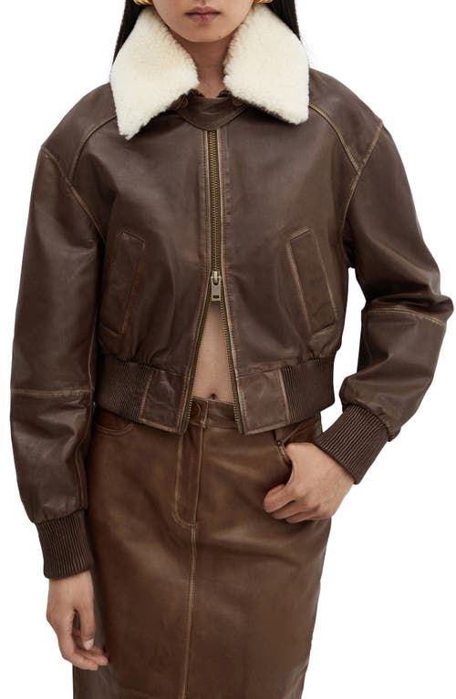 MANGO Leather Bomber with Removable Faux Shearling Collar Brown at Nordstrom,