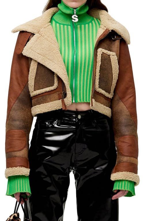 Simon Miller Mini Jetz Crop Faux Leather Biker Jacket with Faux Fur Trim in Choco Brown