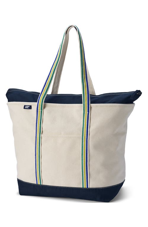 Lands' End Zip Top Long Handle Canvas Tote Bag In Natural/radiant Navy Stripe